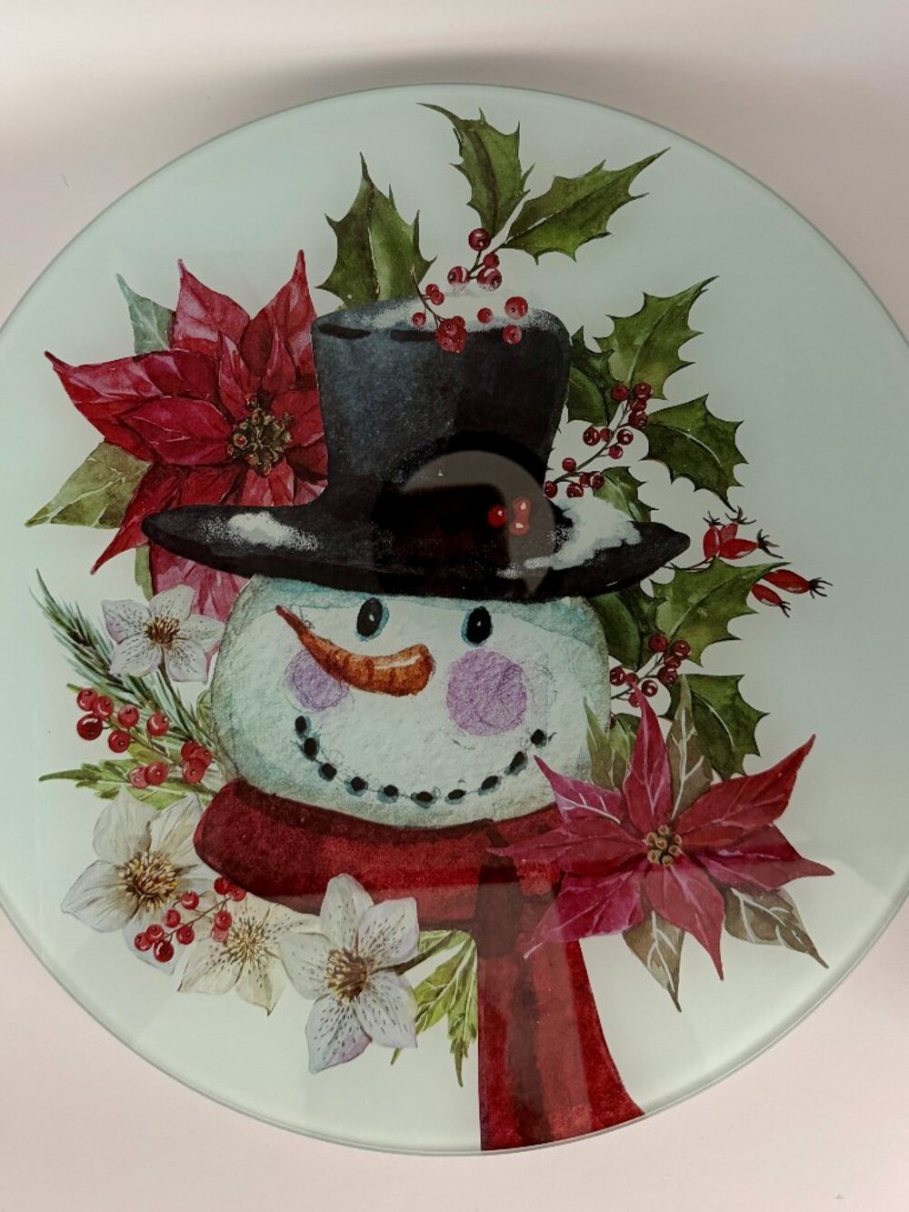 13" Glass Holiday Lazy Susan Snowman Poinsettia Rotating Tray